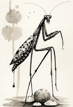 Artistic Ink Wash Drawing of Mantis