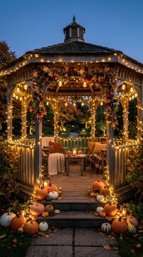 Cozy wooden gazebo decorated with warm fairy lights and autumn pumpkins for a festive fall evening celebration