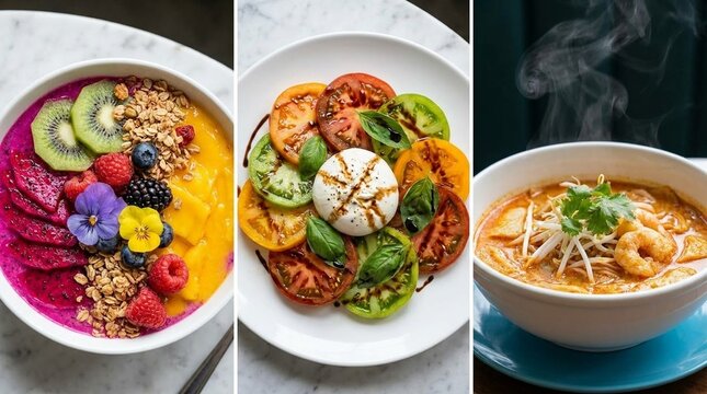 Delicious collage of three gourmet dishes featuring a fruit smoothie bowl, caprese salad, and steaming shrimp soup