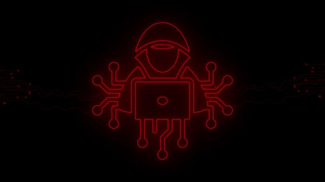 Red Neon Cybersecurity Bug Icon with Digital Circuit Network on Black Background
