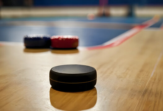 Black shuffleboard puck on a wooden court with blurred red and blue pucks in the background game and competition, the scene concepts of leisure recreation and strategic play in an indoor setting
