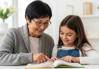 Obraz premium Grandmother and granddaughter reading a book together