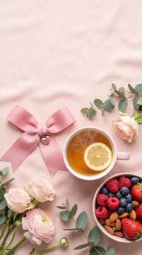 Romantic pink bow with heart charm, tea, berries and flowers for wedding or Valentine invitation background