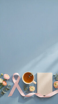 Pink breast cancer awareness ribbon with tea, notebook and flowers for recovery and support concept