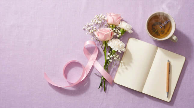 Breast cancer awareness ribbon with flowers, open notebook and tea for recovery journaling and support