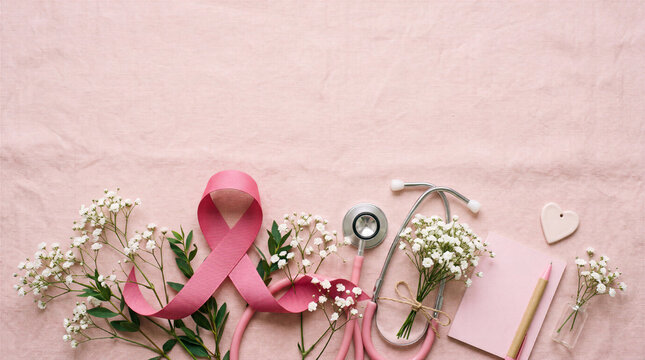 Breast cancer awareness ribbon, stethoscope, flowers and blank note card on pink fabric