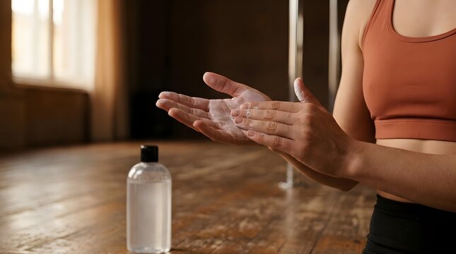 Athletic Woman Applying Liquid Chalk Magnesia on Hands Before Pole Dance Fitness Workout Training