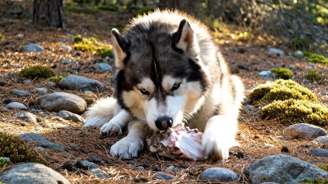 Husky dog eating a bone outside in a forest setting on a sunny day close up showing details