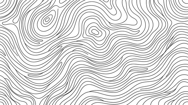 A seamless black and white abstract pattern of topographic contour lines representing elevation and terrain.