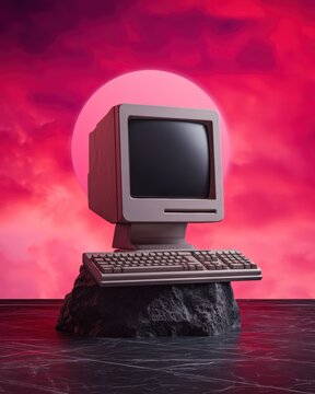 Retro computer with keyboard floats on a rock against a vivid pink sky and sun, blending vintage technology with surreal, futuristic art.