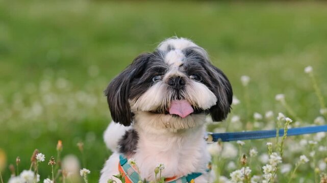 Small Black and White Shih Tzu Dog Sitting in Yellow Wildflower Meadow Outdoors