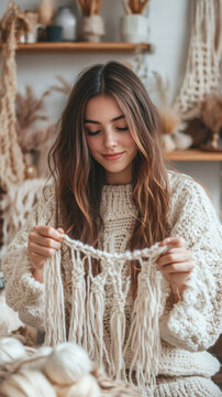 Young craftswoman is working with macrame at her workplace, holding a handmade macrame decoration