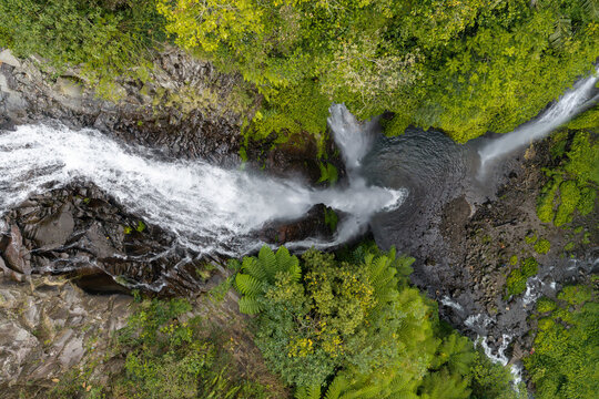 Aerial view of a waterfall cascading into a rocky pool surrounded by lush tropical vegetation and ferns in Bali, Indonesia.