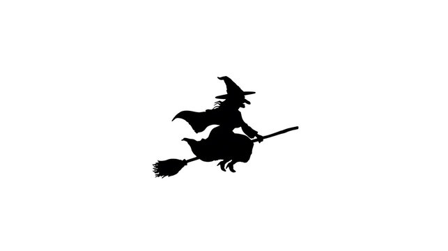 Silhouette of a witch flying on a broomstick, casting an eerie glow with her pointed hat and flowing cloak
