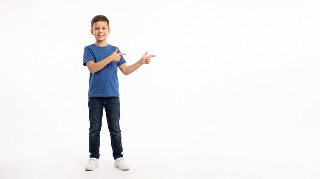Young boy pointing to the side with a smile on white background