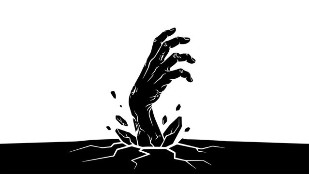 Zombie hand rising from the ground, black and white horror illustration, undead monster arm reaching out of a grave, spooky halloween silhouette