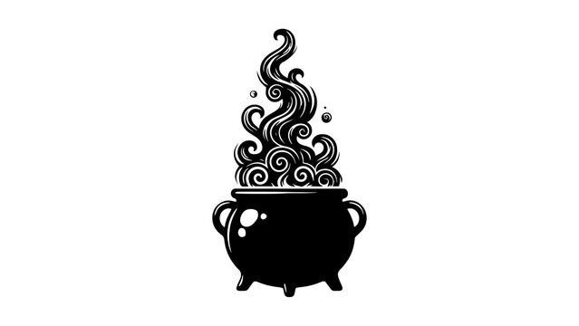 Witch cauldron with swirling magic steam, mystical black pot with bubbling potion, occult alchemy vessel on white background
