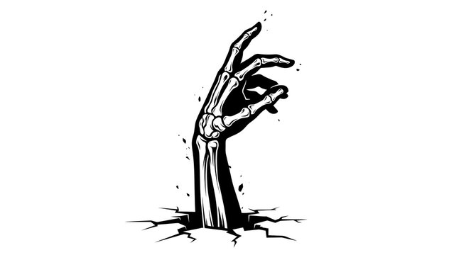 Skeleton hand reaching from ground, zombie arm rising from grave, black and white horror illustration for Halloween and spooky designs