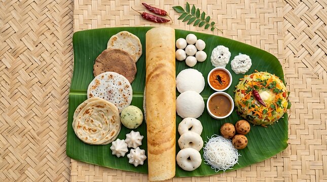 Traditional South Indian Vegetarian Breakfast Platter Served on a Banana Leaf over Woven Mat