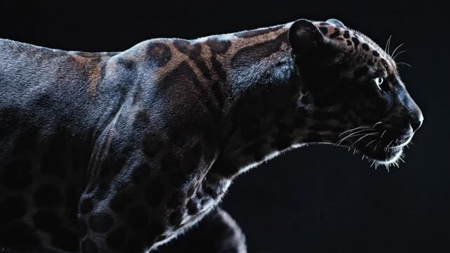 Dramatic portrait of a black jaguar walking with side view showcasing the animal's spotted fur and intense gaze