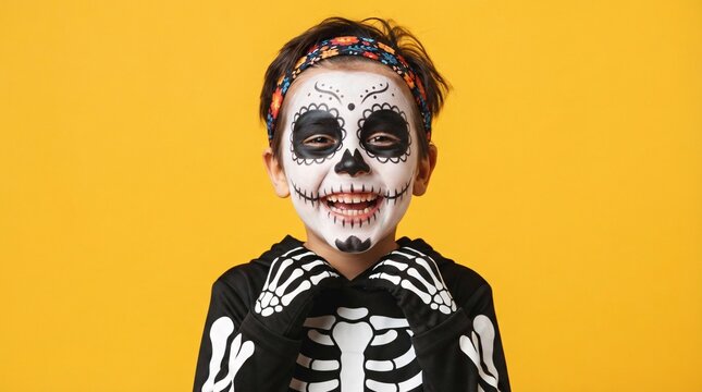A young child dressed as a skeletal figure for the Day of the Dead celebration against a vibrant yellow