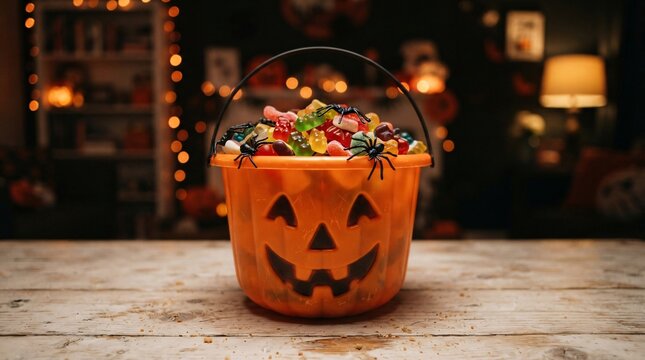 A festive orange jack-o-lantern bucket overflowing with colorful gummy candies and plastic toy spiders
