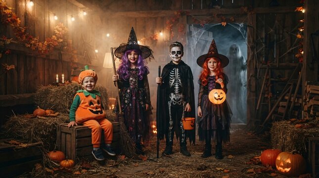 Four children in spooky Halloween costumes pose together inside a decorated rustic barn with pumpkins