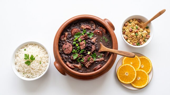 Feijoada Brazilian National Dish with Rice Farofa and Orange Slices