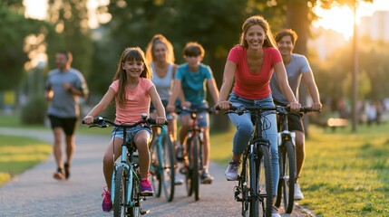 Fototapeta premium Family cycling together beside jogging relative on park trail
