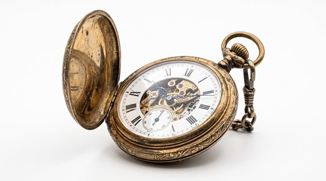 Antique pocket watch with open lid showing intricate mechanical movement and Roman numerals