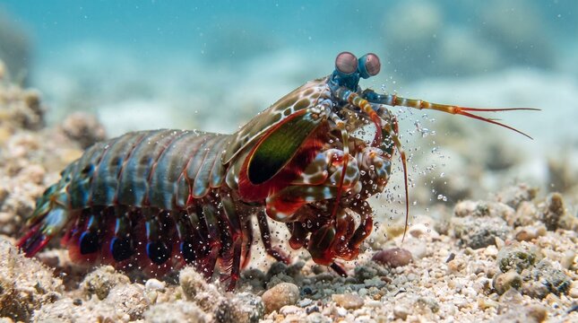 Peacock Mantis Shrimp Underwater on Sandy Seabed - Colorful Odontodactylus Scyllarus Crustacean with Vibrant Shell and Expressive Eyes