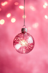 Fototapeta premium Glass disco ball light bulb with sparkler effect hanging against a pink background. Studio photography with festive lighting. Suitable for holiday decor, party invitations, and festive designs.