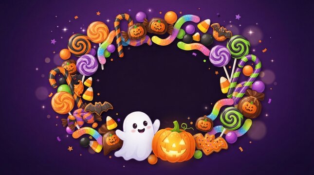A festive Halloween frame featuring a friendly ghost and a glowing carved jack o lantern with sweets