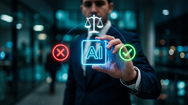 AI decision validation and approval workflow concept with responsible artificial intelligence governance, ethical compliance, enterprise oversight, automated risk assessment and policy verification