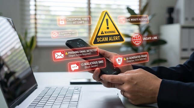 Scam alerts and cybersecurity warnings shown on a smartphone while man checks messages at home. digital fraud, phishing attacks, data breaches, cyber attack, AI threat and mobile malware threats