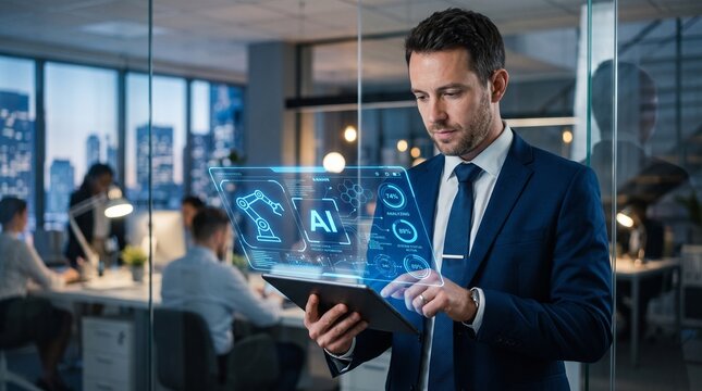 AI automation and robotic process technology. businessman uses a tablet to interact with an AI industrial automation system, artificial intelligence, machine learning, and smart manufacturing.
