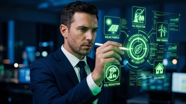 Net zero and sustainable energy solutions, A businessman uses a digital pen to interact with holographic icons representing renewable energy, sustainability, and eco-friendly technologies.
