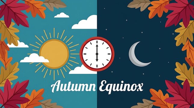 Flat design illustration for autumn equinox featuring a split day and night sky with sun moon clock and leaves