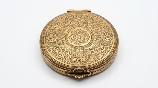 Antique ornate gold compact powder case with floral engraving