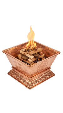 Traditional Copper Havan Kund with Sacred Fire PNG with Transparent Background