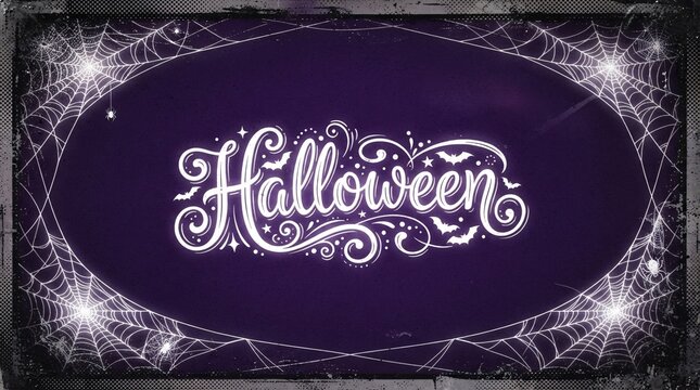 A festive purple Halloween banner decorated with intricate glowing spider webs and bats