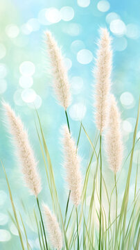 Fountain grass blooming white, swaying against softly blurred blue skyscape