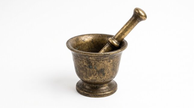 Antique Brass Mortar and Pestle Isolated on White Background