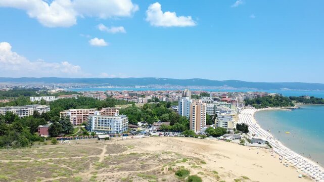 Aerial view from Nessebar over sand dunes and beach towards Sunny Beach resort and Sveti Vlas