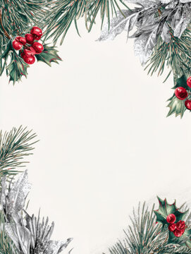 Vintage Christmas Holiday Frame with Holly, Pine, and Berries