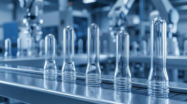 PETG plastic preforms on a conveyor belt for bottle manufacturing.