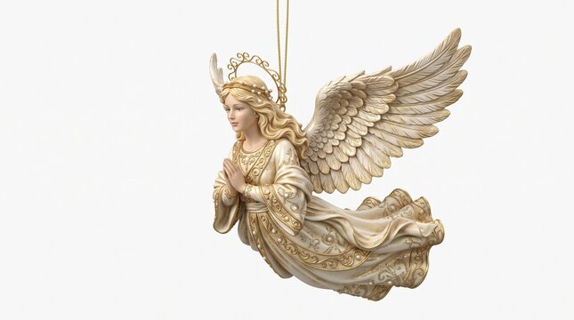 Ornate Angel Sculpture with Wings and Halo Praying on White Background