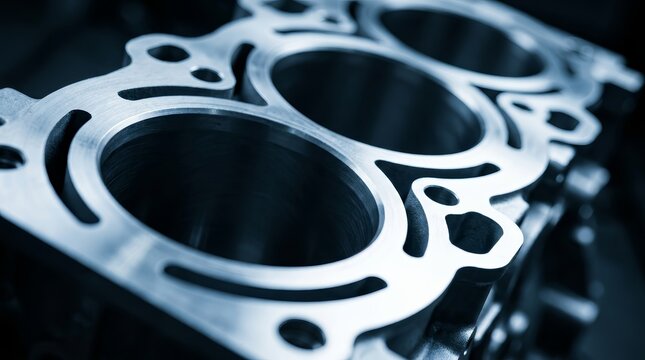 Close-up of a diesel engine cylinder block during repair in blue tones.