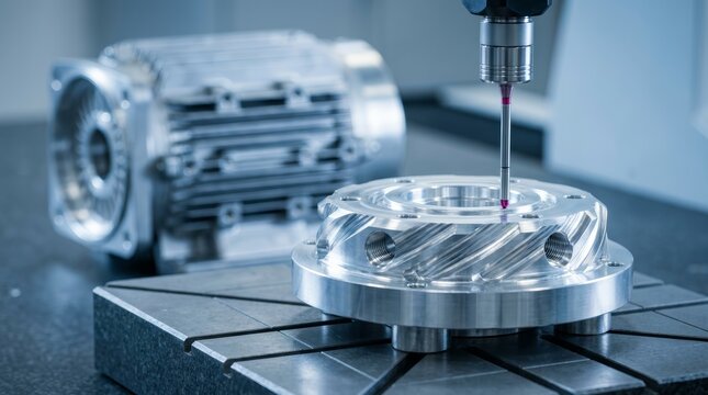 Precision quality control on a milling CNC machine using a coordinate measuring machine.