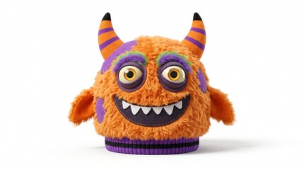 Naklejka premium Cute Fluffy Orange Monster with Big Eyes and Horns